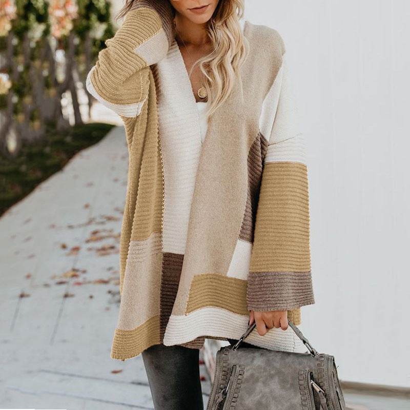 Women's Plus Size Oversized Geometric Colorblock Sweater Cardigan - Mubimart