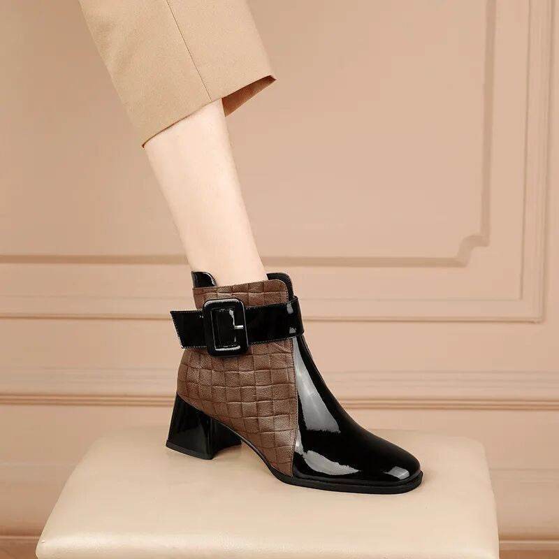Women's Square-toe Black Brown Ankle Boots - Mubimart