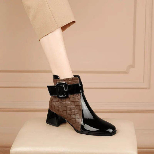 Women's Square-toe Black Brown Ankle Boots - Mubimart