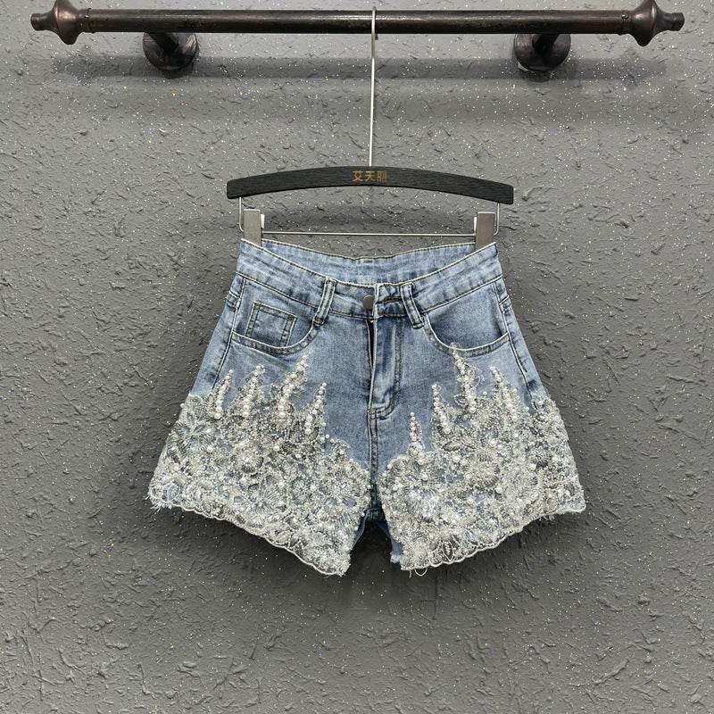 Heavy Industry Western Style Beaded Denim Shorts For Women - Mubimart
