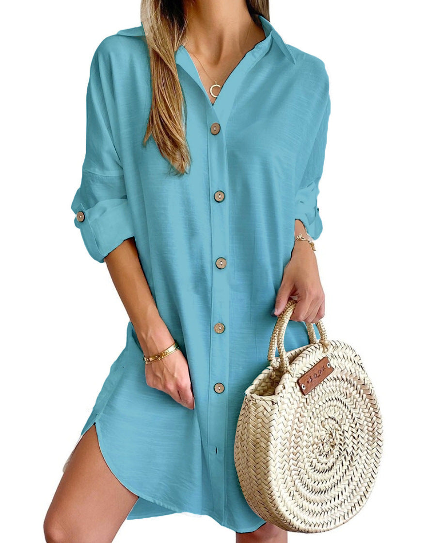 Autumn Leisure Long Sleeve Lapel Button Shirt Dress Womens Clothing - Mubimart -  