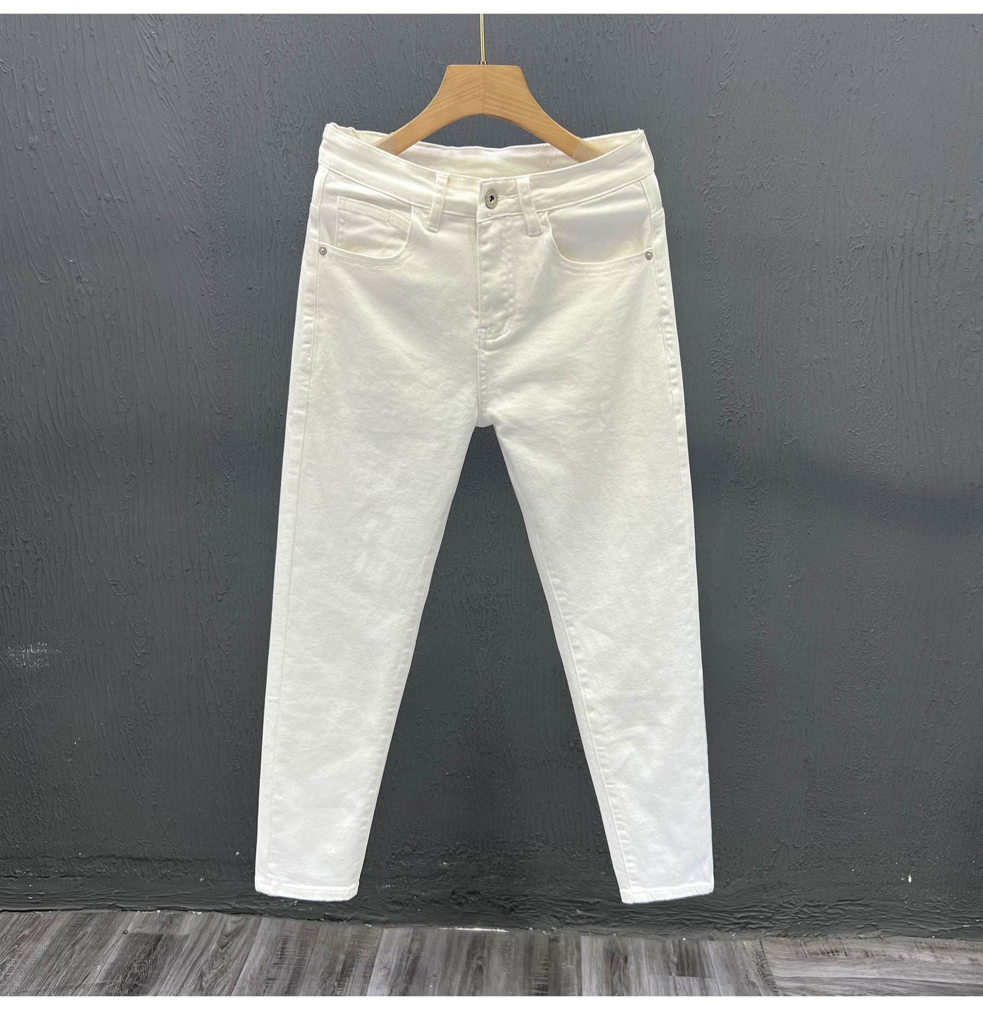 Mens Trendy Youth Simple Casual White Trousers Jeans - Mubimart