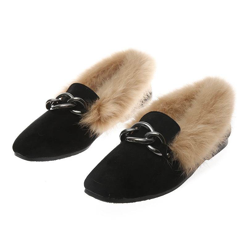 Rabbit fur and velvet cotton flats - Mubimart