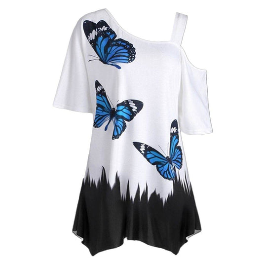 Short Sleeve Women Tops One Shoulder Summer Fashion Butterfly Printed Blouse Plus Size Tunic Casual Shirts Loose Blusas - Mubimart