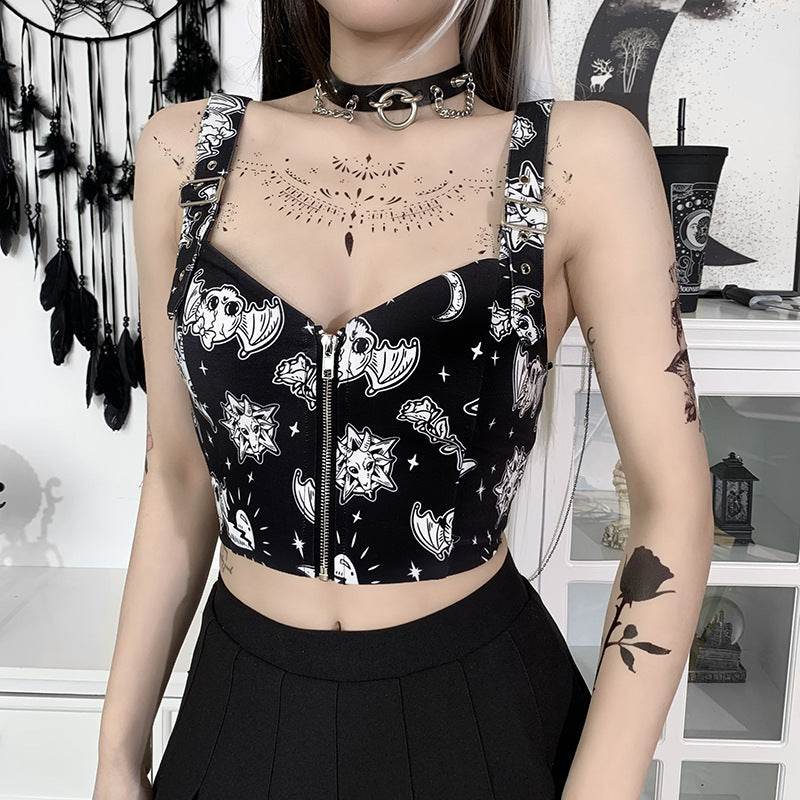 Zipper Printed Camisole Top Spring and Summer Sexy Camisole - Mubimart