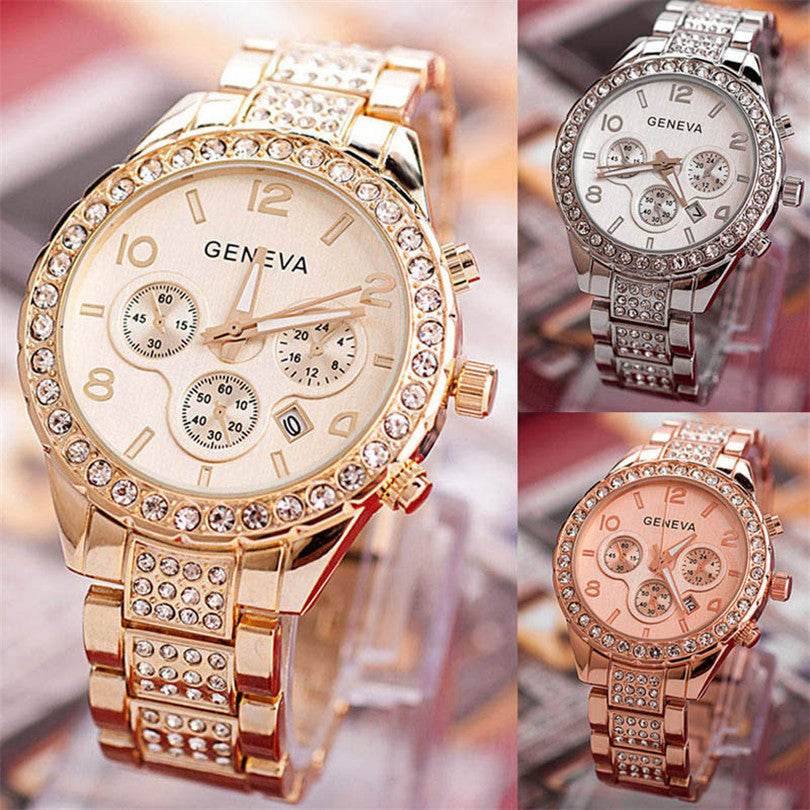 Geneva diamond calendar watch women fashion watch business casual ladies quartz tide watch fake three-eyed watch - Mubimart
