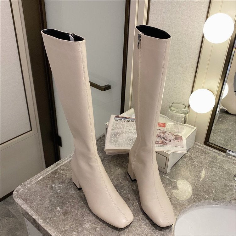 But Women's Knee Side Zipper Square Toe Boots