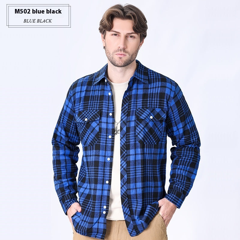 Vintage Flannel Men's Long Sleeve Brushed Plaid Shirt Coat