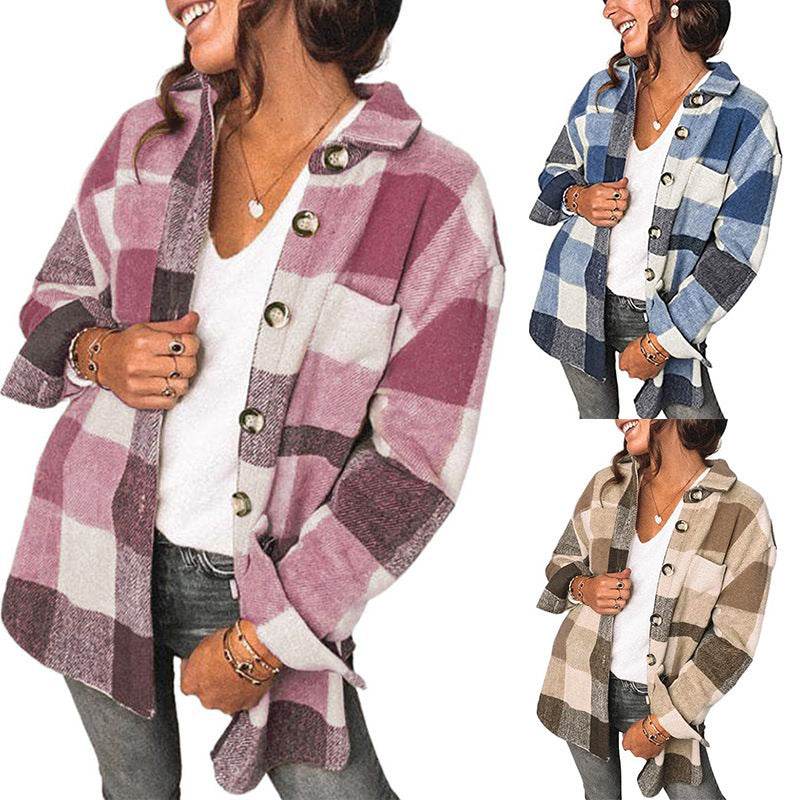 Casual Flannel Plaid Buttoned Shirt Jacket - Mubimart