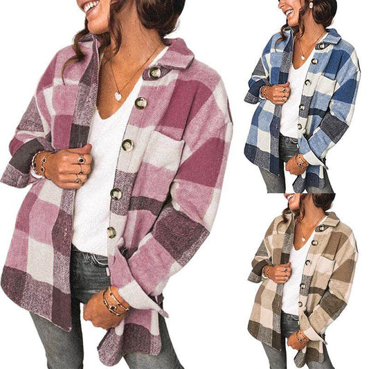 Casual Flannel Plaid Buttoned Shirt Jacket - Mubimart