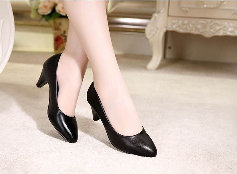 Hotel work shoes female black leather shoes with thick with business dress 43 large size professional shoes - Mubimart