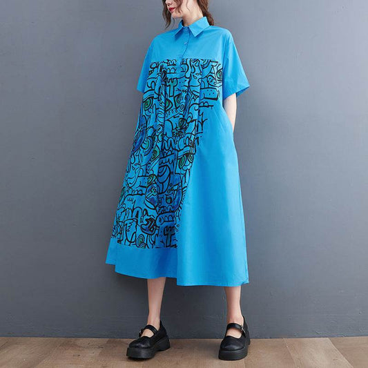 Plus Size Loose Fashion Short Sleeve Printed Mid Length Shirt Dress - Mubimart