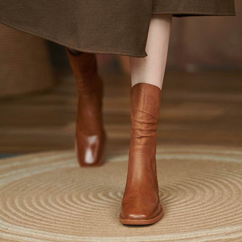 Women's Square Toe Pleated Western Cowboy Boots - Mubimart