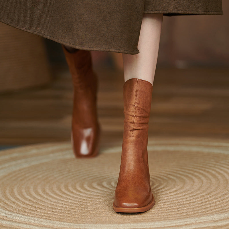 Women's Square Toe Pleated Western Cowboy Boots