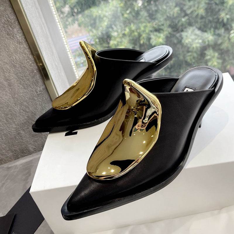 French Style Pointed Toe Kitten Heel Muller Closed-toe Slippers Metal Decoration - Mubimart