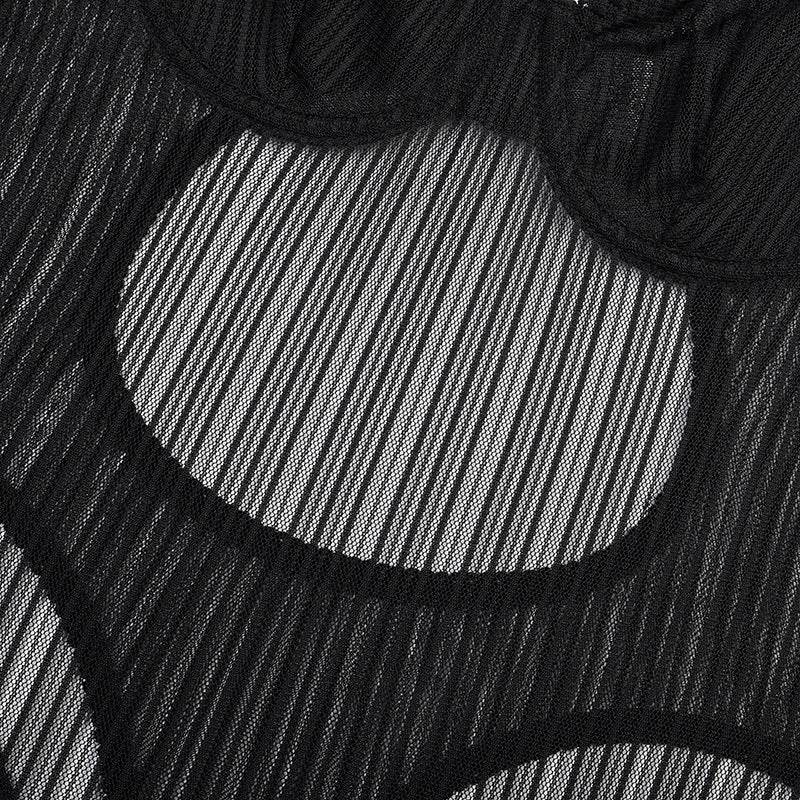 Steel Ring Gathered See-through Striped Mesh Shapewear Bodysuit - Mubimart