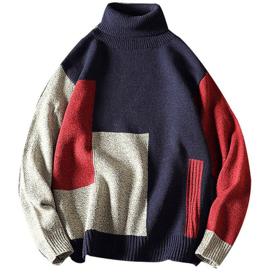Loose Turtleneck Color-Block Pullover Sweater Plus Size Fashion Trend Casual Sweater - Mubimart