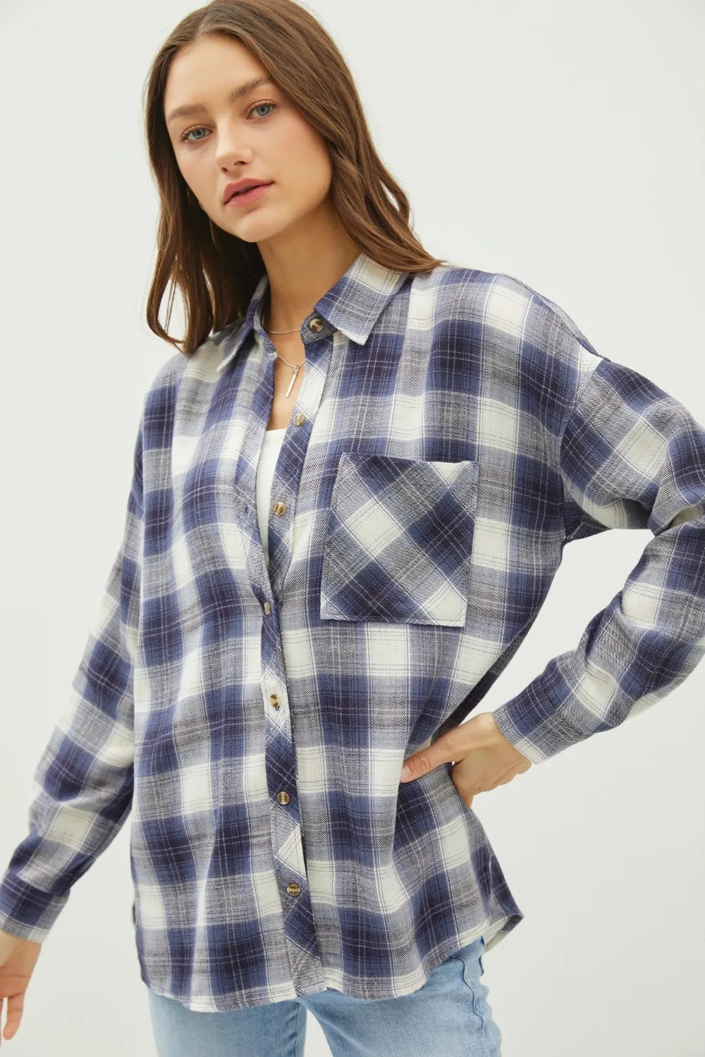 Be Cool Plaid Flannel Button Down Shirt With Chest Pocket