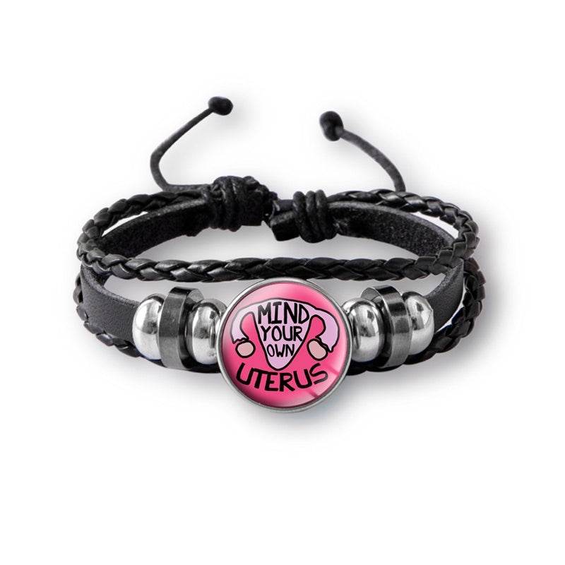 Mind Your Own Uterus Glass Snap Button Charm Bracelet Vintage Multi-layer Leather Bracelets For Women Men - Mubimart
