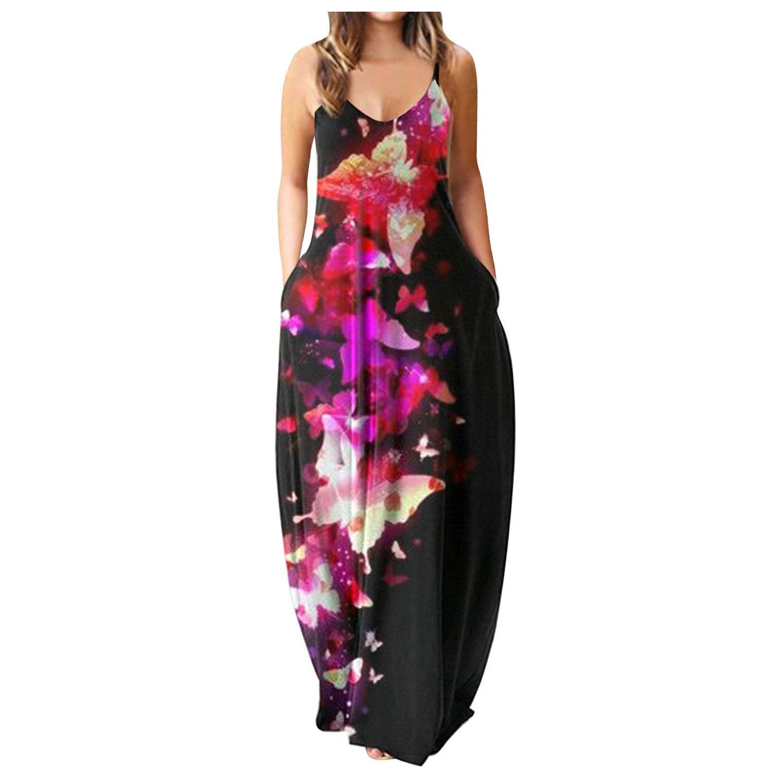 Casual Print Plus Size Sling Long Dress - Mubimart