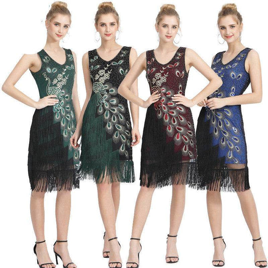 Vintage Sequined Fringe Dress Plus Size Double V Neck Prom Party - Mubimart