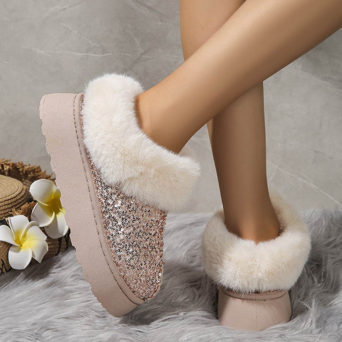 Fashion Sequined Thick-soled Plush Shoes Winter Indoor And Outdoor Casual Warm Slippers Women Garden House Shoes - Mubimart