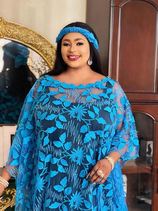 Lace Embroidery Loose Plus Size Robe Including Headscarf Dress - Mubimart