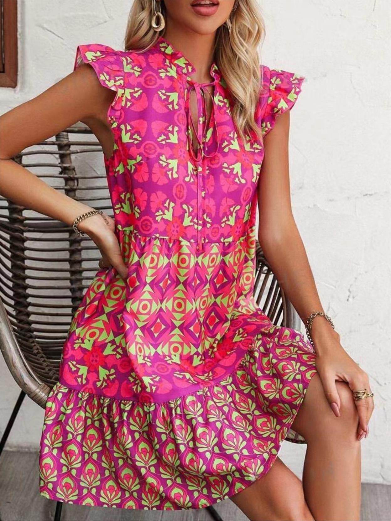 Printed Sleeveless Dress Summer Fashion V-Neck Lace-up Straight Dresses For Womens Clothing - Mubimart