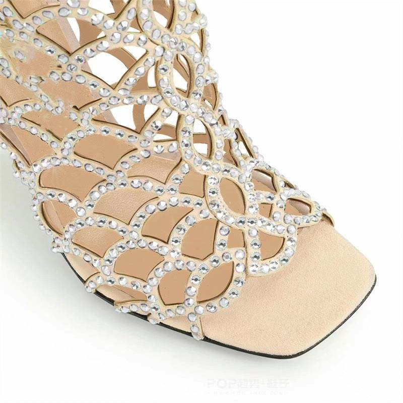 Women's Peep Toe Rhinestone Hollow High Heels - Mubimart