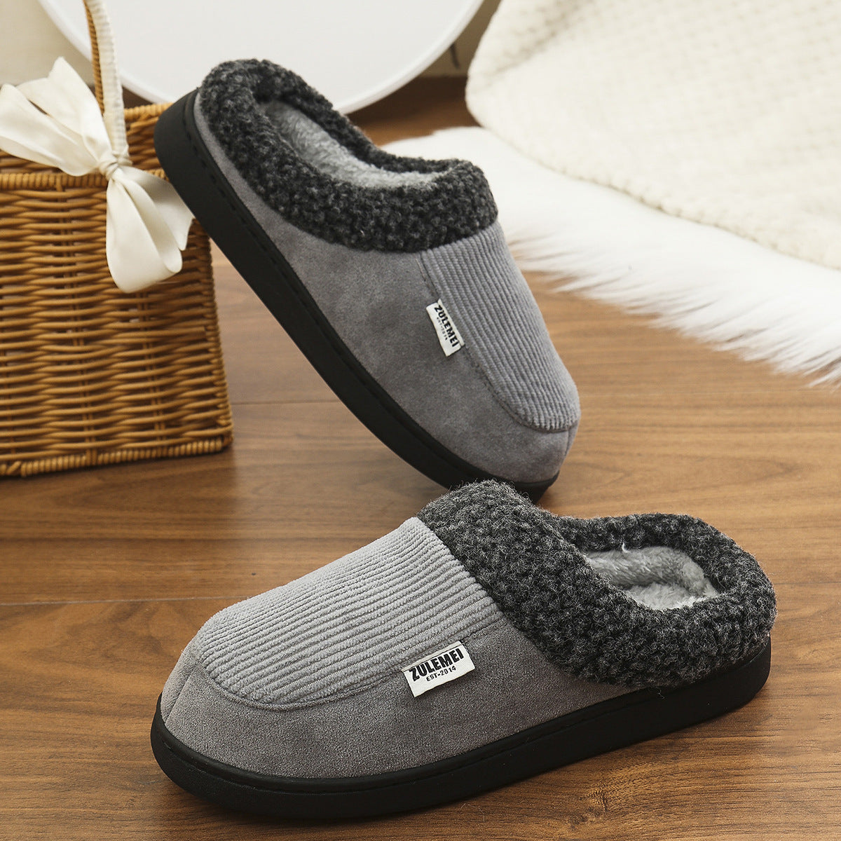 Fashion Solid Striped Cotton Slippers Winter Warm Indoor Bedroom Floor Slipper For Couples Non-slip Thick Sole House Shoes