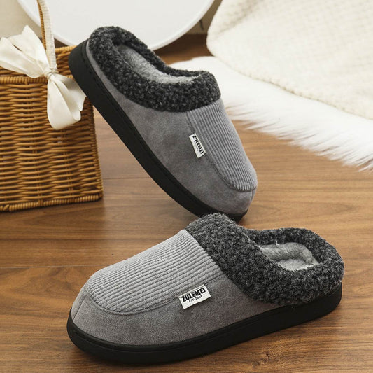 Fashion Solid Striped Cotton Slippers Winter Warm Indoor Bedroom Floor Slipper For Couples Non-slip Thick Sole House Shoes - Mubimart