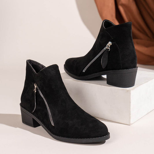 Women's Suede Rubber Cloth Fashion Boots Chunky Heel Booties - Mubimart