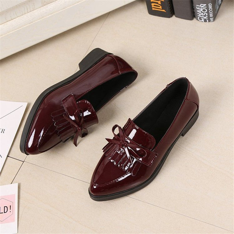 British Style Tassel Bow Flat Single Shoes Pointed Toe Flat Heel