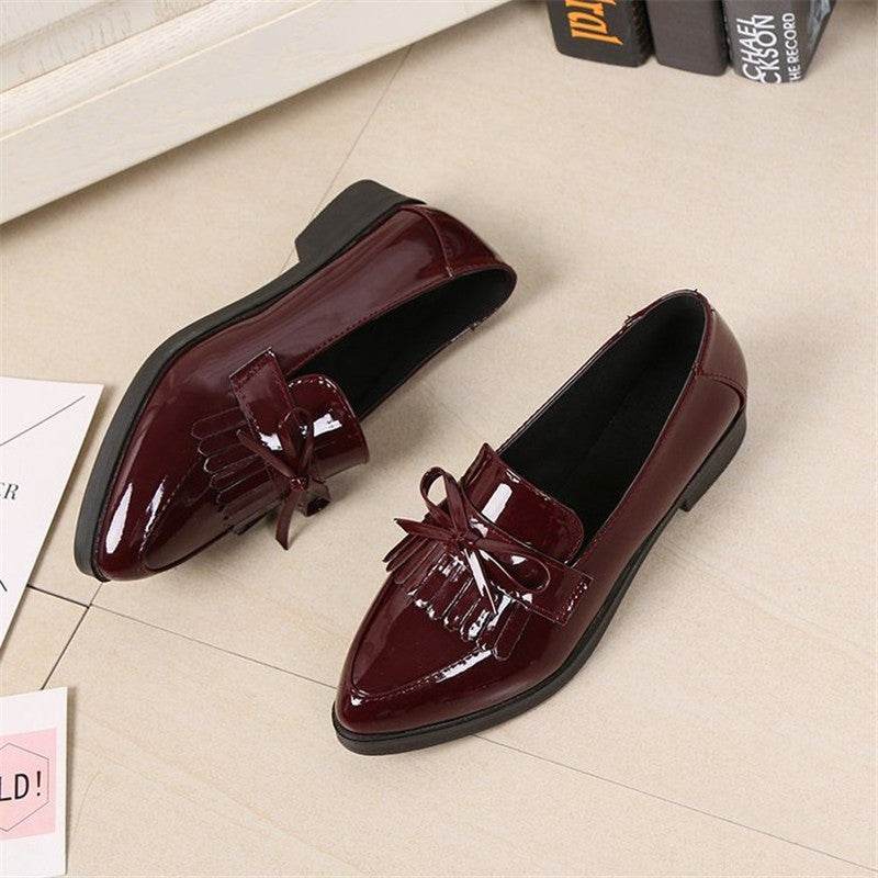British Style Tassel Bow Flat Single Shoes Pointed Toe Flat Heel - Mubimart