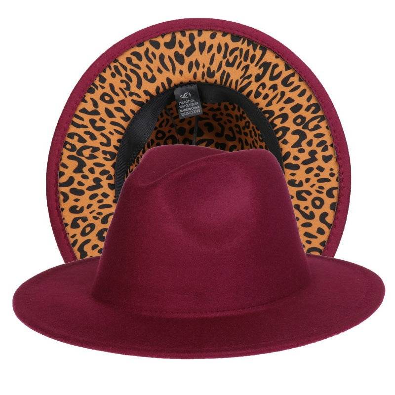 Double-sided Color-blocking Leopard Print Woolen Fedora Hat - Mubimart