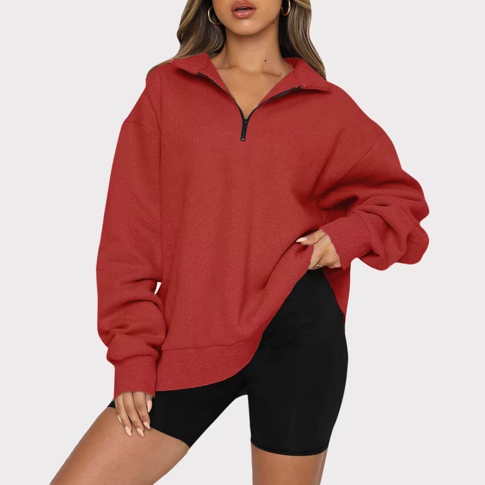 Women Sweatshirts Zip Turndown Collar Loose Casual Tops Clothes - Mubimart