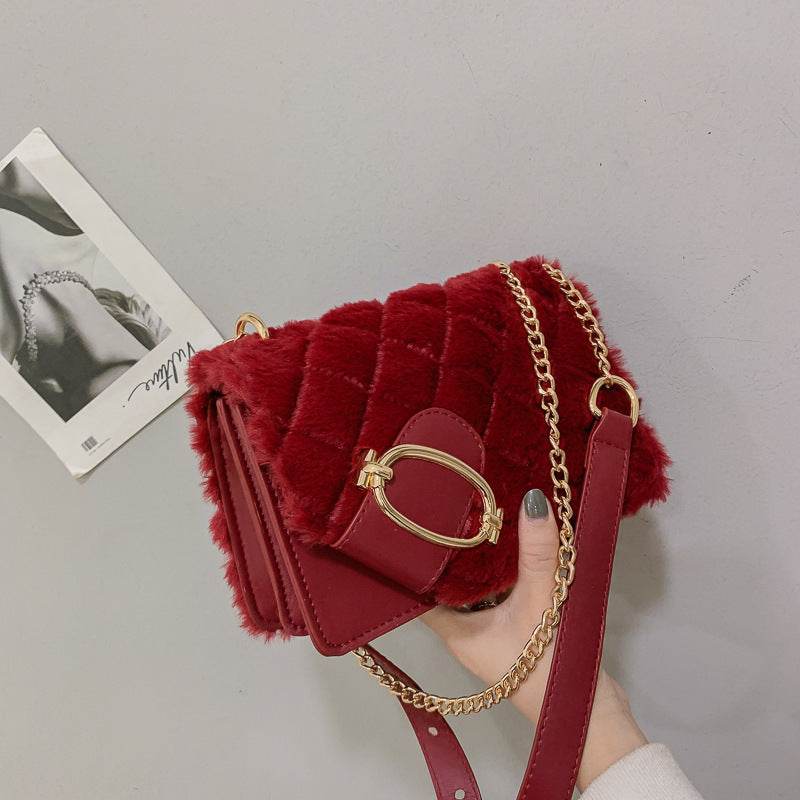Soft Plush Ladies Square Messenger Bag Winter Female Bag Lady Designer Handbag Chain Shoulder Messenger Bag - Mubimart