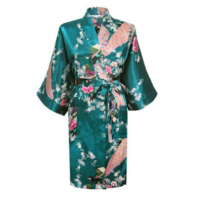 Silk nightgown peacock nightgown sexy cardigan - Mubimart -  