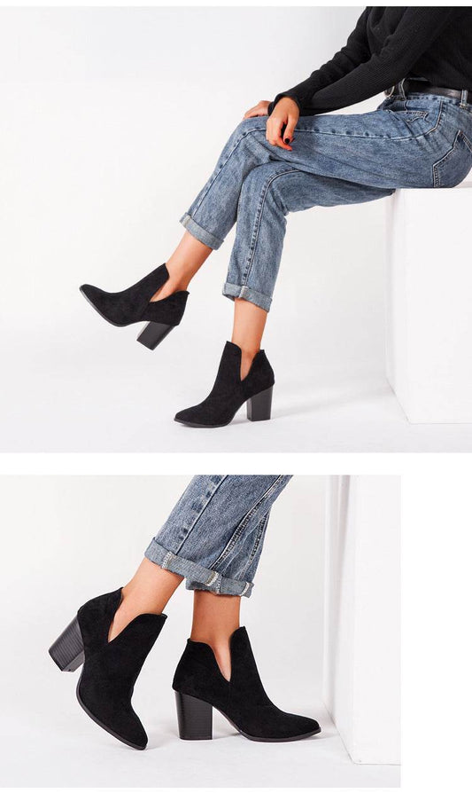 Chunky high-heeled solid color booties - Mubimart