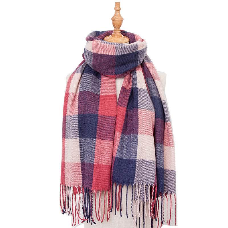 European And American Autumn And Winter Cashmere-like Red Plaid Double-sided Color Plaid Tassel Scarf Women Plus-sized Size Shawl - Mubimart
