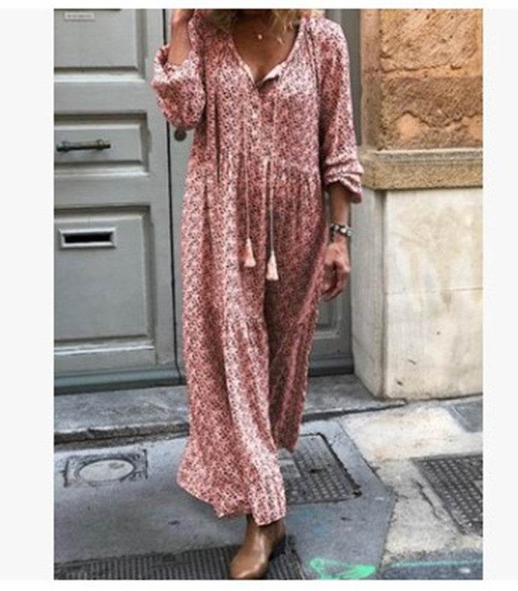 V-neck print maxi dress - Mubimart