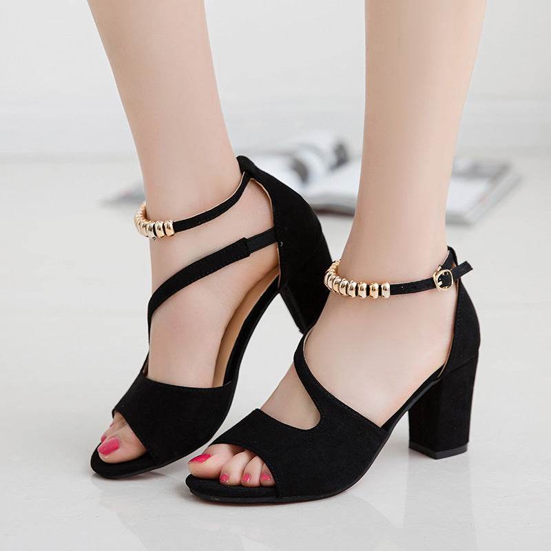 Padded Buckle Sandal With Thick Heel - Mubimart