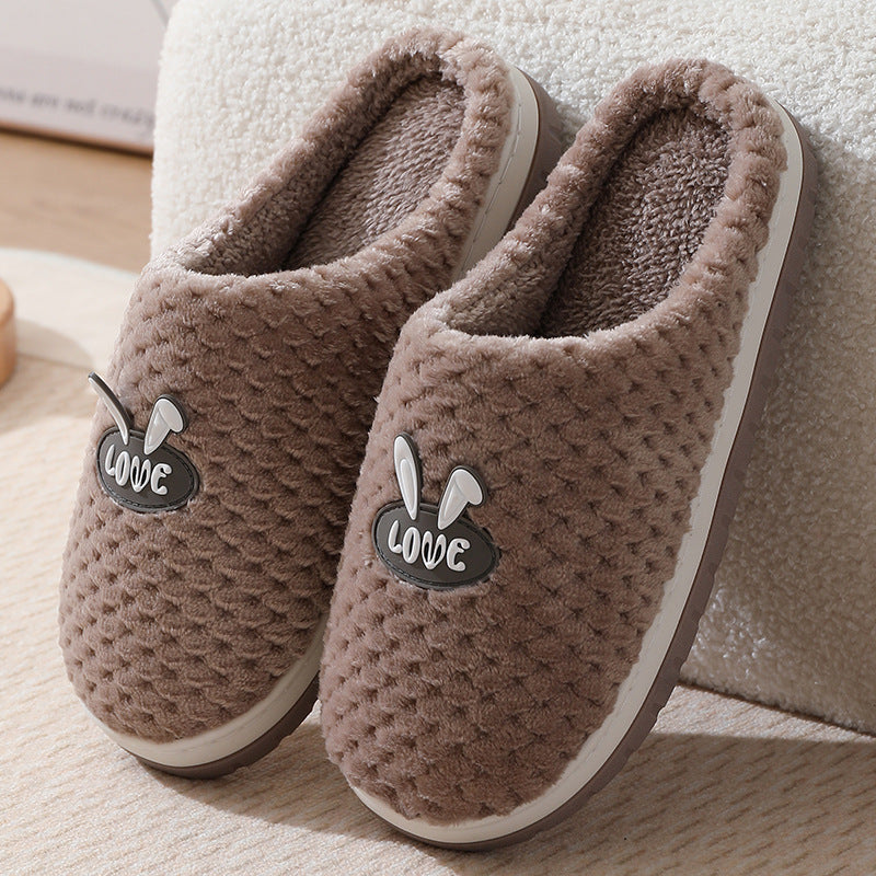 Cute Rabbit Plaid Design Home Slippers Winter Warm Thick-soled Cotton House Shoes For Women Indoor Non-slip Solid Couple Plush Slipper - Mubimart -  