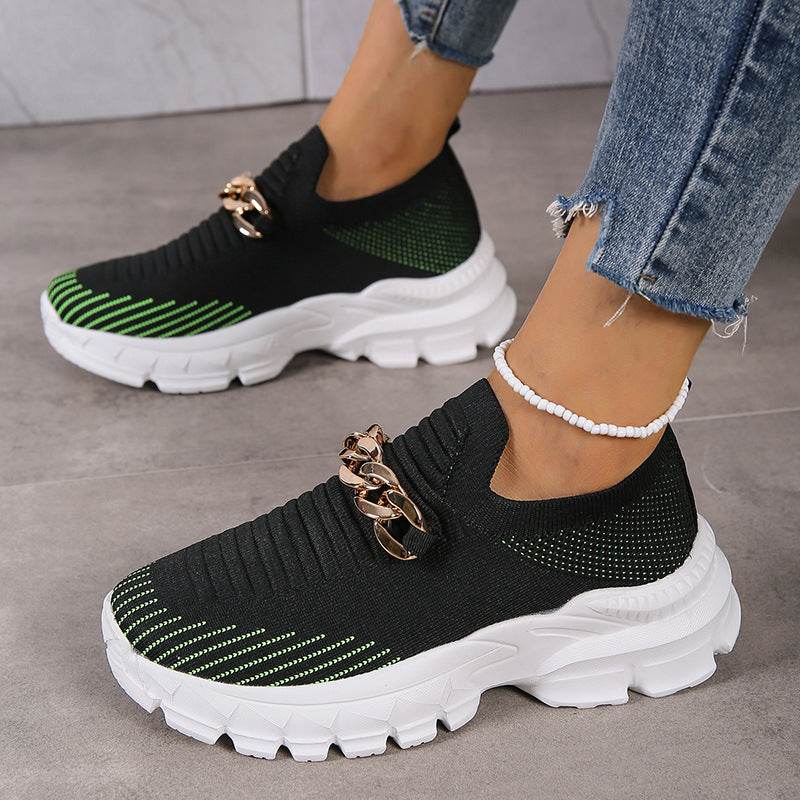 Fashion Chain Design Mesh Shoes For Women Breathable Casual Soft Sole Walking Sock Slip On Flat Shoes - Mubimart