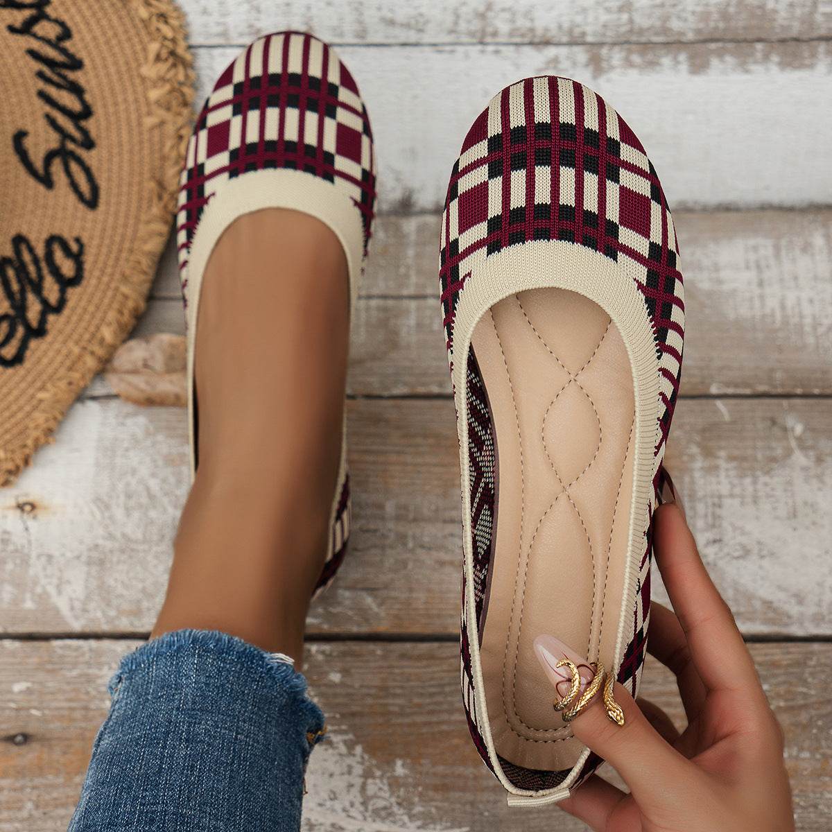 Fashion Plaid Print Flats Shoes New Fashion Casual Breathable Slip On Round-toe Mesh Shoes For Women - Mubimart