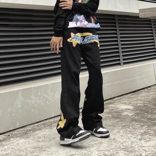Mens Fashion Casual Print Loose Jeans - Mubimart