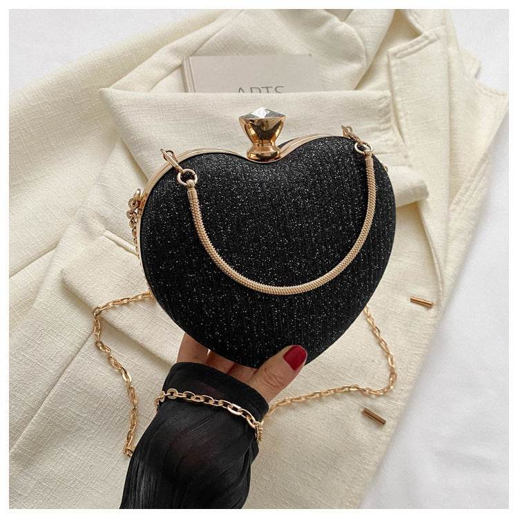 Evening Clutch Bag Women Bag Shiny Handbag Heart Shape Metal Clutches Bag Fashion Chain Shoulder Crossbody Bag Luxury Lady Purse Valentines Day Outfit - Mubimart