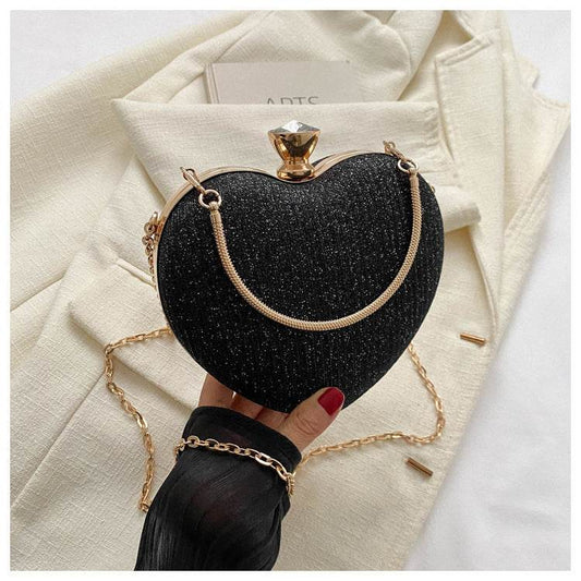 Evening Clutch Bag Women Bag Shiny Handbag Heart Shape Metal Clutches Bag Fashion Chain Shoulder Crossbody Bag Luxury Lady Purse Valentines Day Outfit - Mubimart
