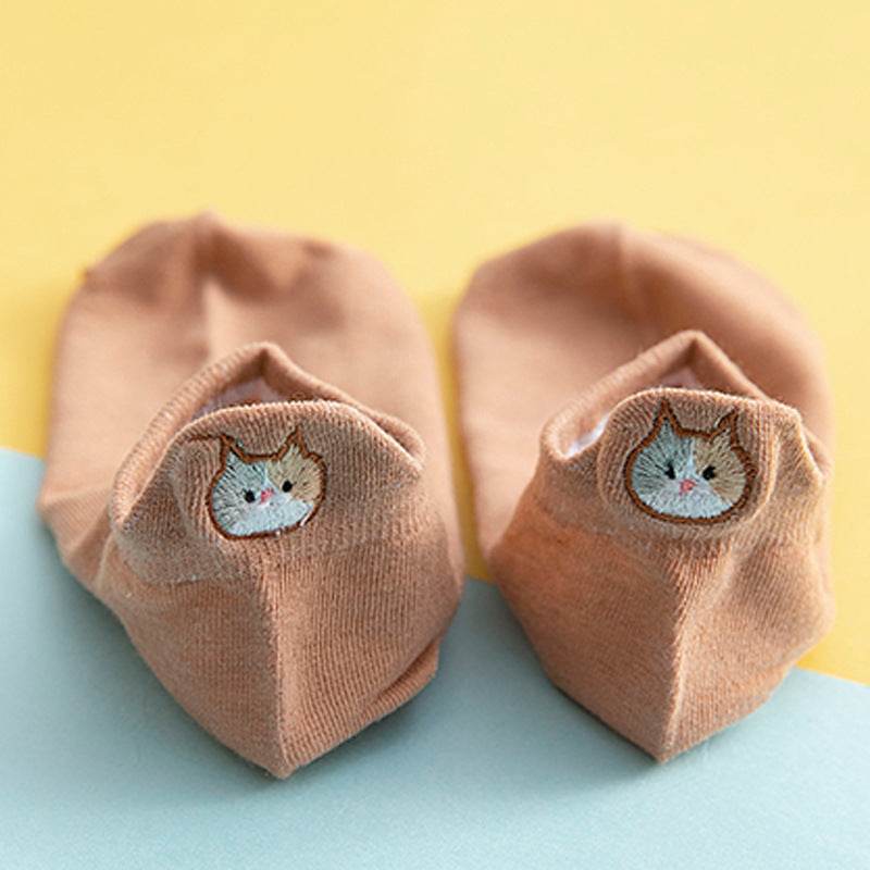 Socks Female Embroidered Cat Boat Socks Shallow Mouth Cute Low Waist - Mubimart