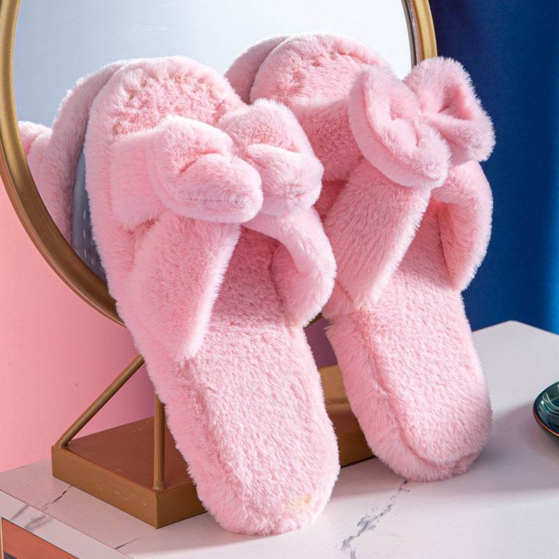 Bowknot Plush Slippers Plush Cotton Slippers - Mubimart